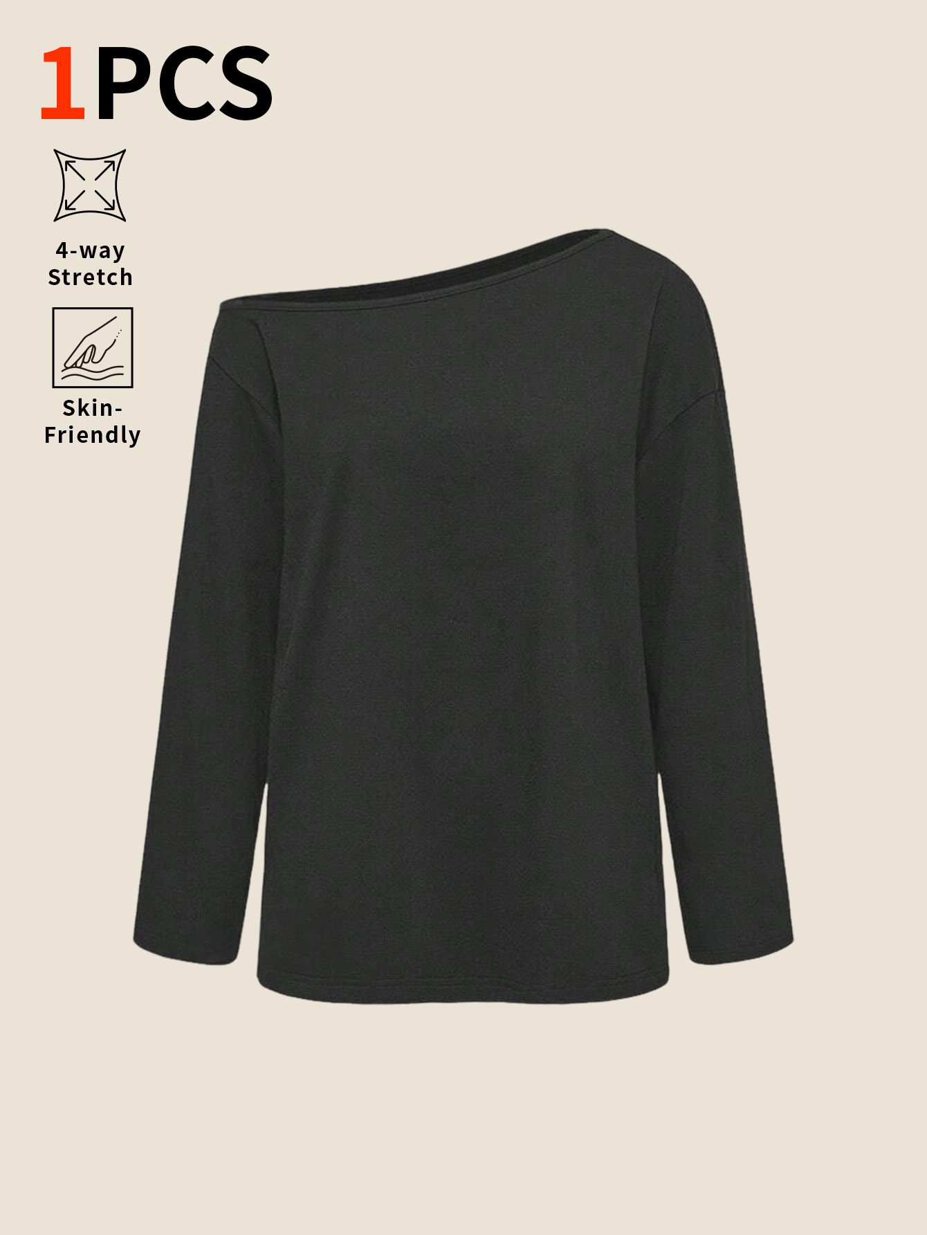 Base Layer Top - Slightly-sloped shoulder solid-color loose-fitting long-sleeved top