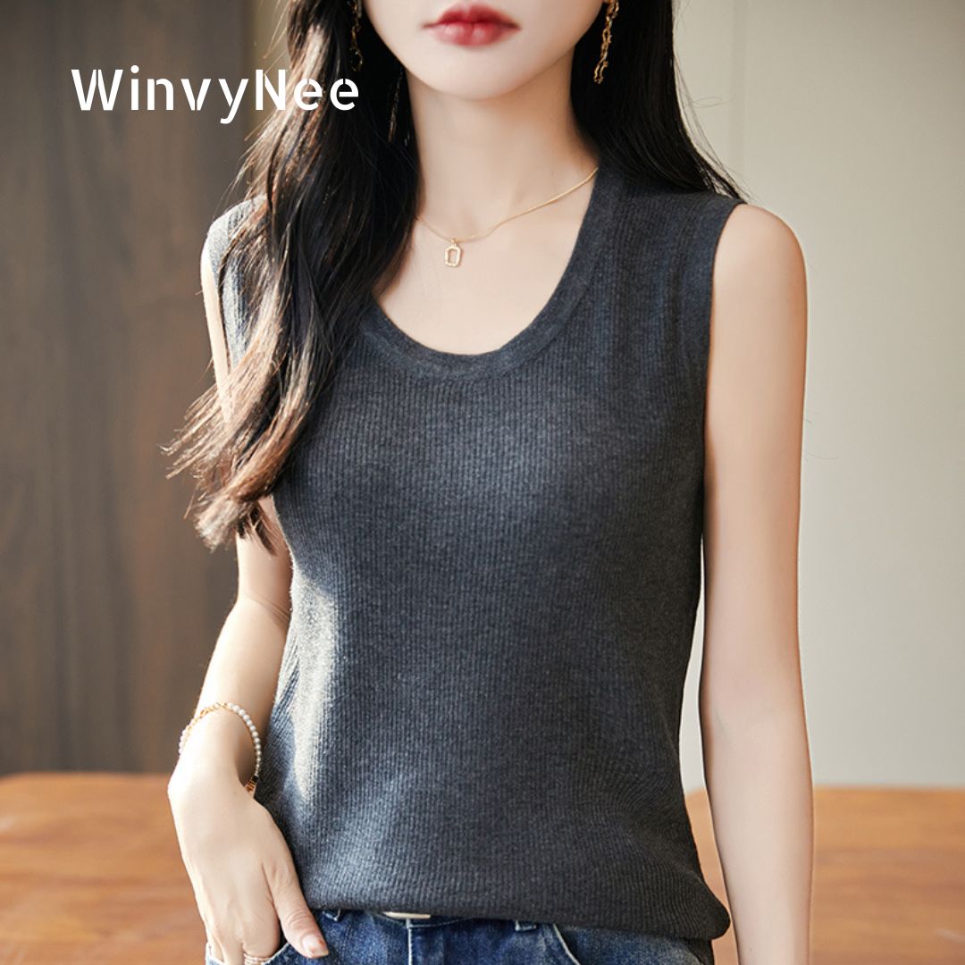 Tank Top Ribbed - WinvyNee Women Deep Crew Neck Worsted